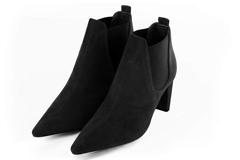 Matt black women's ankle boots, with elastics. Pointed toe. Medium comma heels. Front view - Florence KOOIJMAN